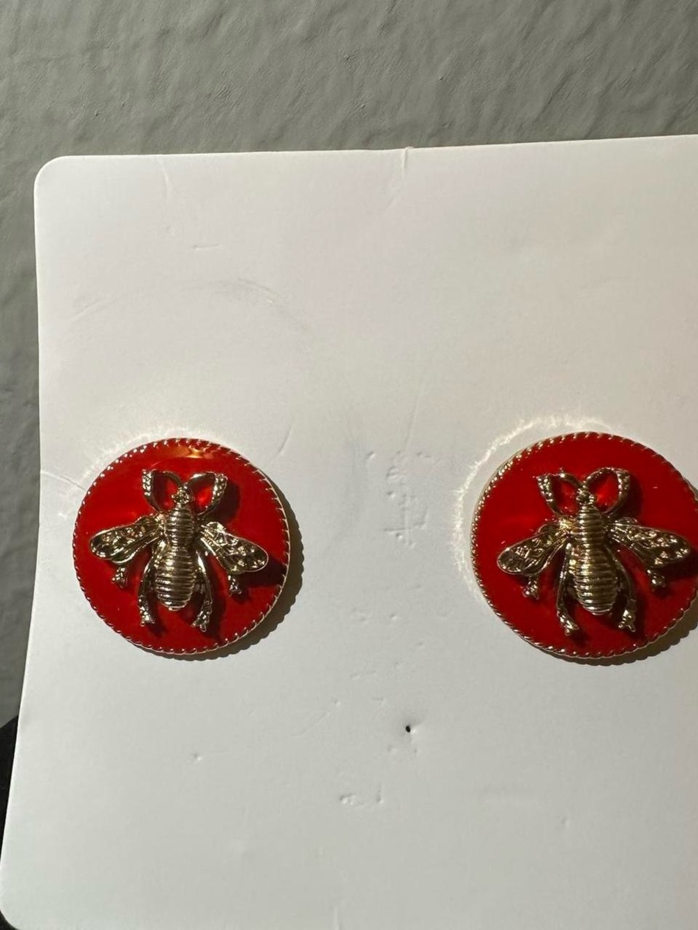 Vintage estate Round red and gold unique big bumblebee earrings.